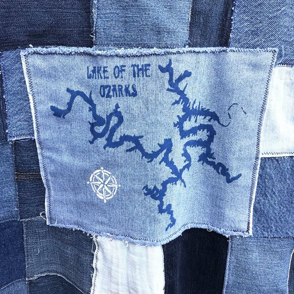 Upcycled Patchwork Jean Jacket, Men's XL: Lake of the Ozarks Denim Patch Shirt - Picture 4 of 14